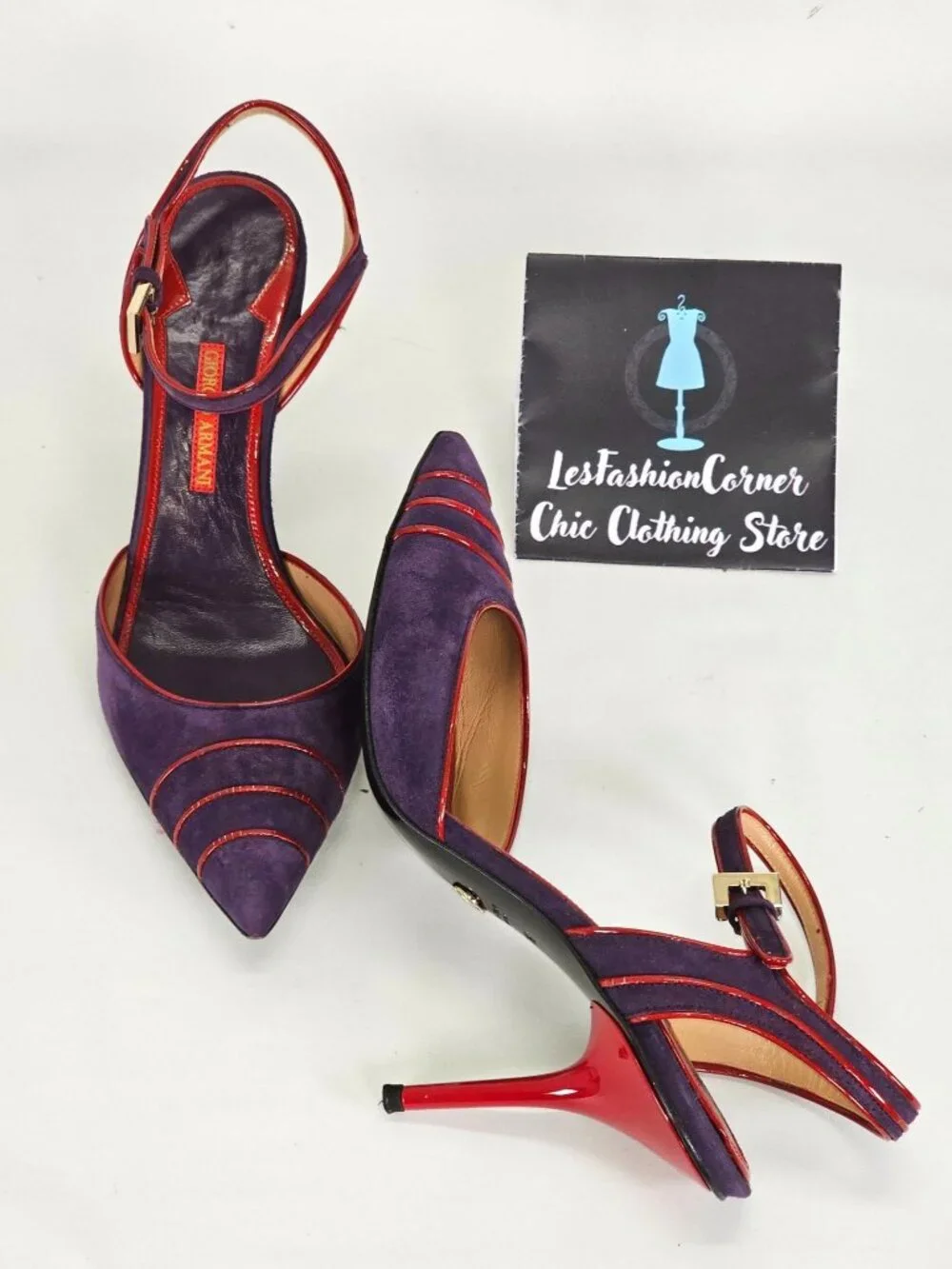 Giorgio Armani Women's Purple/Red Suede Stiletto Heels Ankle Strap Size 7 101 - Picture 1 of 16